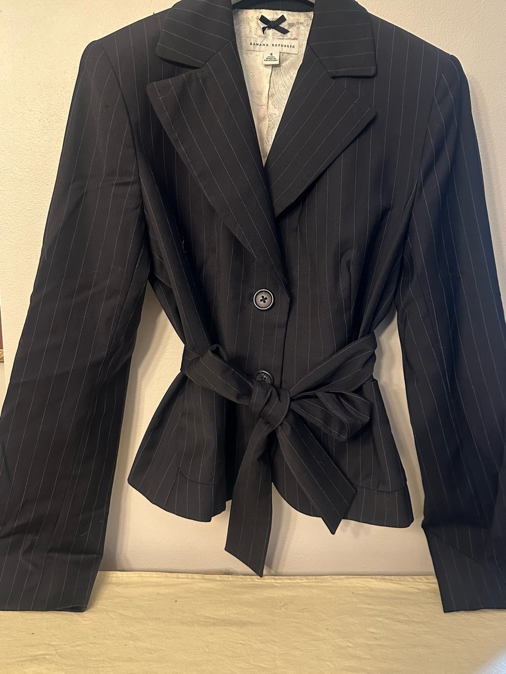 Banana Republic Black Pinstripe Belted Suit Jacket